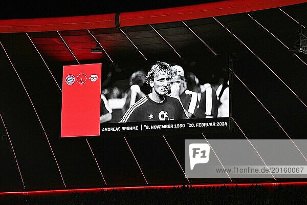 Mourning in honour of Andreas Andi Brehme  scoreboard  commemoration  minute of silence  minute of remembrance  FC Bayern Munich FCB  RasenBallsport Leipzig RBL  Allianz Arena  Munich  Bavaria  Germany  Europe