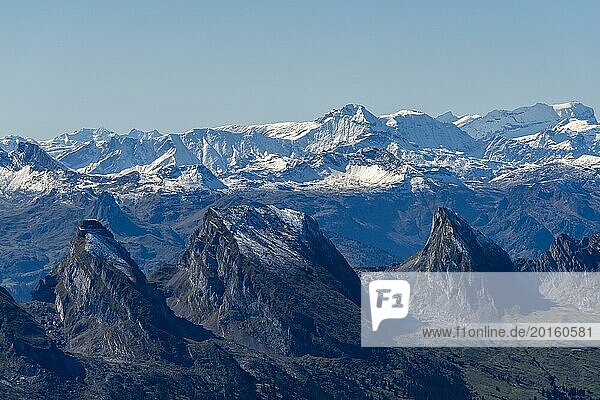 View from the alpine peak Säntis to the Appenzell Alps  2505m altitude  Schwägalp  snow-covered mountain range  Urnäsch  Canton Appenzell  Ausserrhoden  Switzerland  Europe