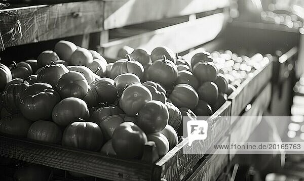 Tomaten in einer Holzkiste auf dem Markt. Schwarz und weiß AI generiert  KI generiert