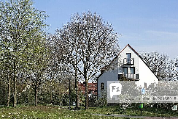 Wohnhaus  Modernes Mehrfamilienhaus im Frühling in einer Grünanlage mit Fußweg und Radweg  Bremen