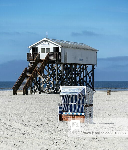 Beach chairs and signs on the sandy beach of the North Sea  Sankt Peter-Ording  Schleswig-Holstein  Germany  Europe