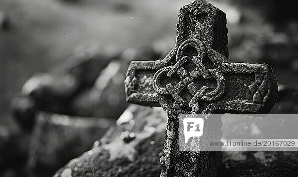 Black and white image of a Celtic cross on a grave in a cemetery  copy space. AI generated