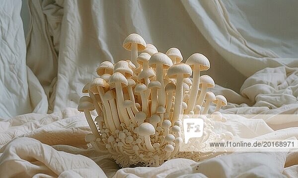 Shimeji Pilze auf weißem Stoffhintergrund. Shimeji Pilze. AI generiert  KI generiert