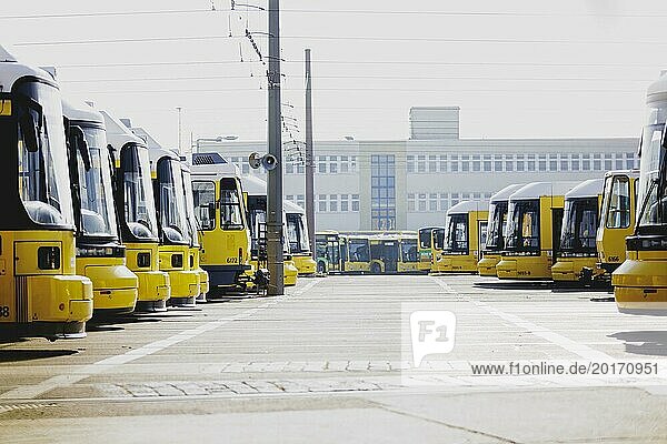 Trams of the Berlin transport company BVG are parked at the Lichtenberg depot in Berlin  29 February 2024. Ver.di has announced strikes in public transport for Thursday and Friday