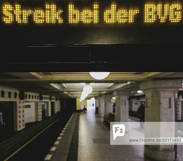 The announcement of a BVG strike is displayed on a display board at Rüdesheimer Platz underground station in Berlin  27 February 2024. The Berlin public transport company (BVG) has announced strikes for Thursday and Friday