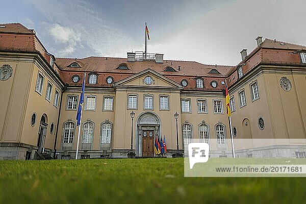 Trilateral meeting at Villa Borsig between Germany  Armenia and Azerbaijan. The flags of Germany  Armenia  Azerbaijan and the European Union stand at the entrance to Villa Borsig. Berlin  28.02.2024. Photographed on behalf of the Federal Foreign Office  Asia