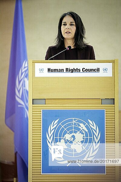 Annalena Bärbock  Bundesaussenministerin  hält eine Rede im Rahmen der 55. Sitzung des UN-Menschenrechtsrates in Genf  26.02.2024. Fotografiert im Auftrag des Auswärtigen Amtes
