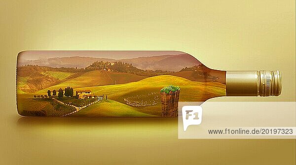 Weissweinflasche mit einer Toscanischen Landschaft
