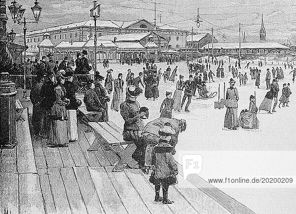 Der Eislauf-Verein  Wien  viele Menschen  Schlittschuhe  Vergnügen  Eisfläche  im Freien  Zuschauer  Österreich  historische Illustration 1890  Europa
