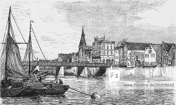 Weserbrücke in Bremen  Stadtbild  Schifffahrt  Lastkähne  Segel  Hausfronten  Kirchturm  Deutschland  historische Illustration 1880  Europa