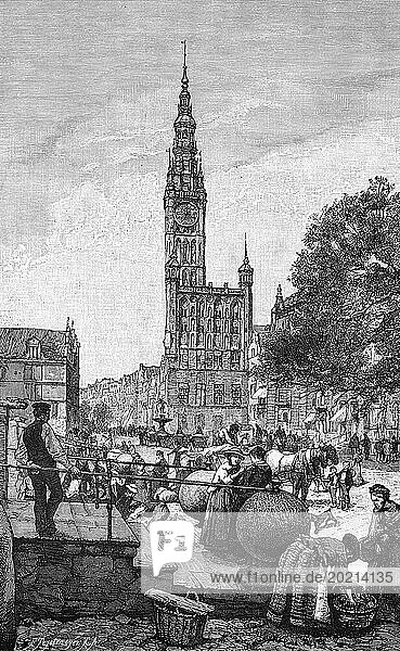 Rathausturm  Wochenmarkt  Danzig oder Gda?sk  Ostsee  Polen  Handel  Verkauf  viele Menschen  Körbe  Pferdewagen  Treppe  historische Illustration 1880  Europa
