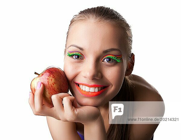 Schönheit süße Frau Porträt mit roten Apfel Porträt isoliert