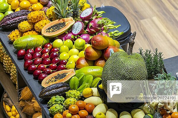 Exotische Früchte  Litchi  Jackfruit  Drachenfrucht  Mango und Zitrusfrüchte präsentiert auf einem Tisch  Deutschland  Europa