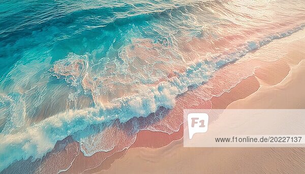 Pastellfarben Hintergrund des Ozeans schäumenden Wellen schlagen den Sandstrand. Exotische heiteren blauen Meer  tropischen Sommerurlaub am Meer  Urlaub Erholung Konzept  rosa Farben. AI generiert Kunst  KI generiert