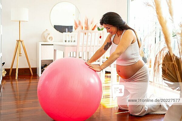 Häusliche Szene einer schönen schwangeren Frau  die einen rosa Pilates Ball benutzt  um zu Hause zu trainieren