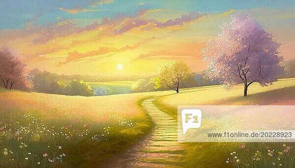 Schöne frühlingshafte Illustration in Pastellfarben. Fußweg über eine Frühlingswiese mit blühenden Bäumen. Malerische Landschaft Sonnenuntergang Szene. AI generierte Kunst  KI generiert