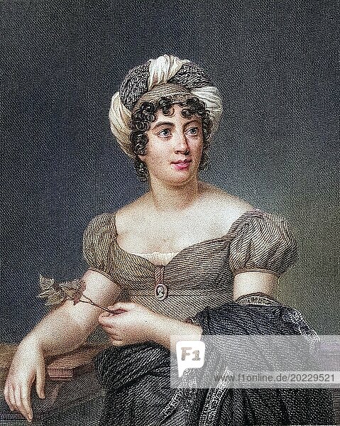 Madame de Stael (Anne-Louise-Germaine Necker) Baronin de Stael-Holstein  1766  1817. Schriftstellerin und politische Propagandistin. Aus dem Buch Gallery of Portraits  veröffentlicht 1833.  Historisch  digital restaurierte Reproduktion von einer Vorlage aus dem 19. Jahrhundert  Record date not stated