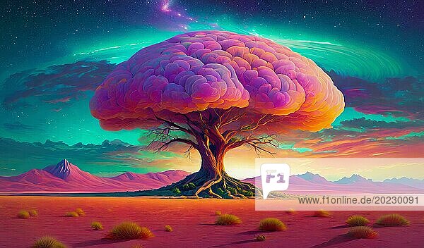Synthwave Baum surreale Szene. Majestätische alten Wald mit einem lila Wolke statt Blätter Krone wächst in der Wüste mit orangefarbenen Sand. AI generierte Kunst  KI generiert