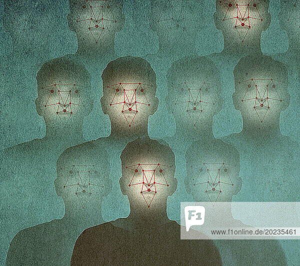 Wiederholung des Gesichts eines Mannes bedeckt mit Netzwerk-Maske