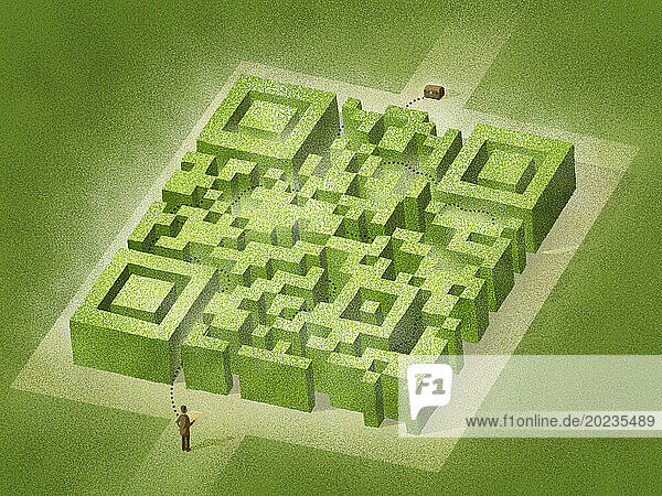 Mann schaut auf Schatzkarte durch QR-Code-Labyrinth