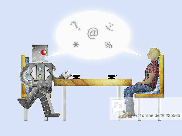 Mann spricht mit Roboter