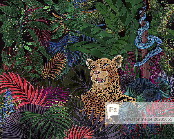 Leopard und Schlange im bunten Dschungel