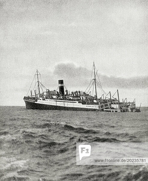 The sinking of the S.S. Athenia  3 September 1939. Struck by a torpedo from a German submarine  she was the first ship to be sunk in WWII. From The War in Pictures  First Year.