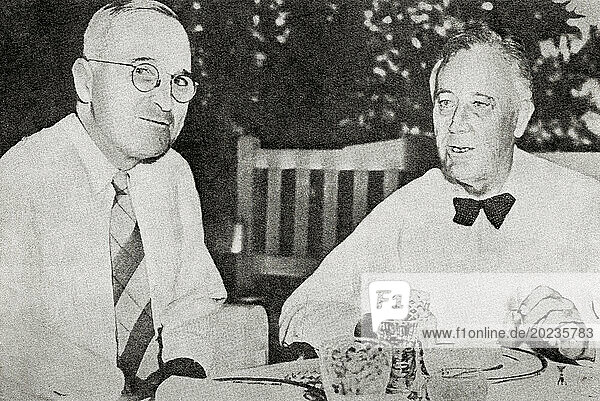 EDITORIAL One of the last photographs of President Roosevelt  right  and his successor vice-president Truman  1945. Harry S. Truman  1884 – 1972. 33rd president of the United States. Franklin Delano Roosevelt  1882 –1945  commonly known by his initials FDR. American statesman  politician and 32nd president of the United States. From The War in Pictures  Sixth Year.