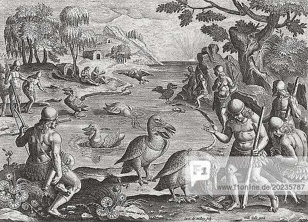 Idyllic scene of pelicans catching fish and bringing them to Indians on the shore. After a 17th century engraving by Karel van Mallery  after a work by Jan van der Straet. A plate in the Venationes Ferarum  Avium  Piscium series originally published circa 1595.