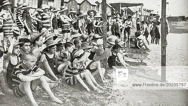 Students of Catalan schools on the beach at Barcelona  Spain  1912. From Mundo Grafico  published 1912.
