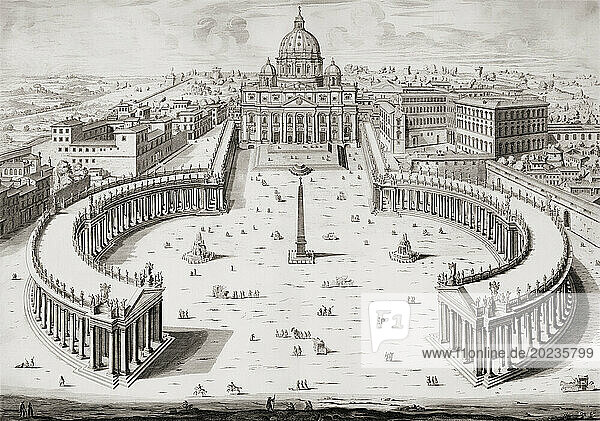 View of St Peter's Square  St Peter's Basilica and the Vatican in the 17th century. After a print by Giovanni Battista Falda.