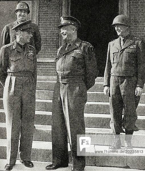 EDITORIAL King George VI on his royal tour of the battle areas in Western Europe during WWII  seen here with General Eisenhower  1944. George VI  1895 – 1952. King of the United Kingdom. Dwight David Eisenhower  1890 –1969  nicknamed Ike. American military officer  statesman and 34th president of the United States. From The War in Pictures  Sixth Year.