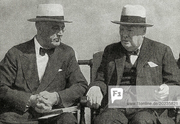 EDITORIAL President Roosevelt and Winston Churchill  seen here at the Quebec Conference  10-17 September  1944. Franklin Delano Roosevelt  1882 –1945  commonly known by his initials FDR. American statesman  politician and 32nd president of the United States. Sir Winston Leonard Spencer-Churchill  1874 – 1965. British politician  army officer  writer and twice Prime Minister of the United Kingdom. From The War in Pictures  Sixth Year.