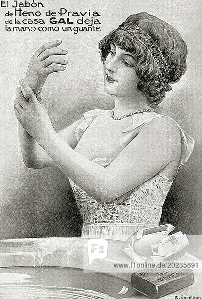 EDITORIAL Advertisement for the Spanish soap Heno de Pravia. The advert says  Heno de Pravia soap from the house of Gal leaves your hand like a glove. From Mundo Grafico  published 1912.