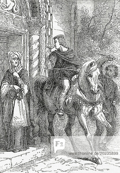 The assassination of Edward the Martyr. Edward  c.?962 – 978  often called the Martyr. King of the English from 975 until his murder in 978. From Cassell's Illustrated History of England  published 1857.