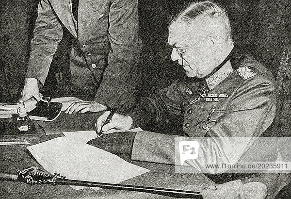 Field-Marshal Wilhelm Keitel signs the ratified terms of unconditional surrender in Berlin  8 May 1945. Wilhelm Bodewin Johann Gustav Keitel  1882 – 1946. German field marshal who held office as chief of the Oberkommando der Wehrmacht (OKW)  the high command of Nazi Germany's armed forces  during World War II. From The War in Pictures  Sixth Year.