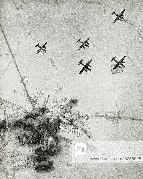 9th Air Force Marauder aircraft dropping bombs on the marshalling yard at Emskirchen  Germany  November 1944. From The War in Pictures  Sixth Year.