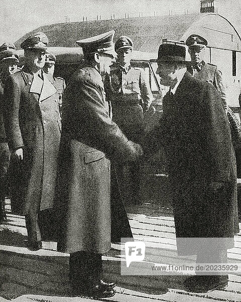 Mussolini saying goodbye to Hitler before returning to Italy after being freed from prison by Nazi paratroops in September  1943. Adolf Hitler  1889 – 1945. German politician  demagogue  Pan-German revolutionary  leader of the Nazi Party  Chancellor of Germany  and Führer of Nazi Germany from 1934 to 1945. Benito Amilcare Andrea Mussolini  1883 – 1945. Italian dictator  journalist  founder and leader of the National Fascist Party (PNF)  and Prime Minister of Italy. From The War in Pictures  Fifth Year.