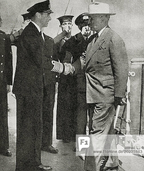 EDITORIAL The meeting of King George VI of England and President Truman on board the British battle-cruiser HMS Renown   Plymouth  2 August  1945. George VI  1895 – 1952. King of the United Kingdom. Harry S. Truman  1884 – 1972. 33rd president of the United States of America. From The War in Pictures  Sixth Year.