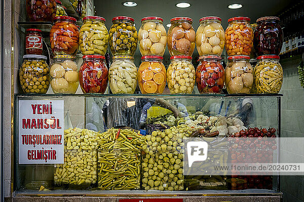 Pickled vegetables for sale at Kadikoy produce market at Kadikoy  Istanbul; Istanbul  Turkey