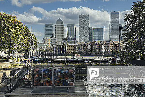Canary Wharf seen from Limehouse Basin  London  UK; London  England