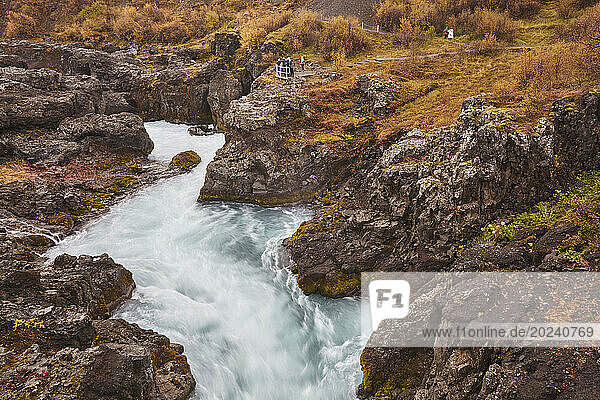 Rushing waters of the Hvita River  just downstream of Barnafoss Falls  near Reykholt  western Iceland; Iceland