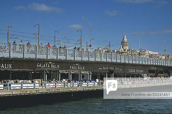 Fish restaurants on the Galata Bridge in Istanbul; Istanbul  Turkey