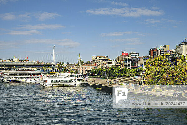 River cruise boats on the Bosphorus and Ataturk Bridge in Istanbul; Istanbul  Turkey