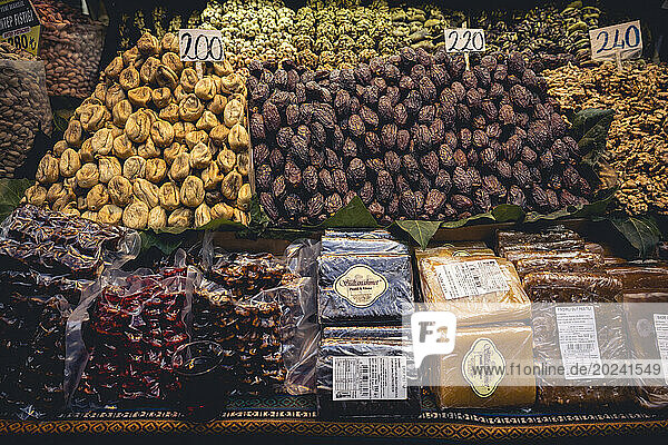 Dried figs and dates for sale at the Spice Market in the Fatih district of Istanbul; Istanbul  Turkey