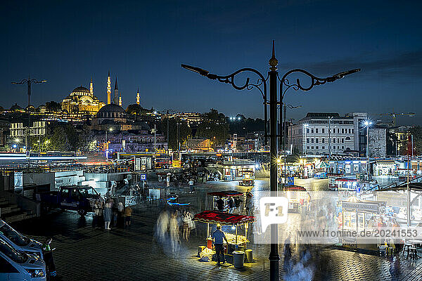 Eminonu Square and Suleymaniye Mosque at night in Istanbul; Istanbul  Turkey