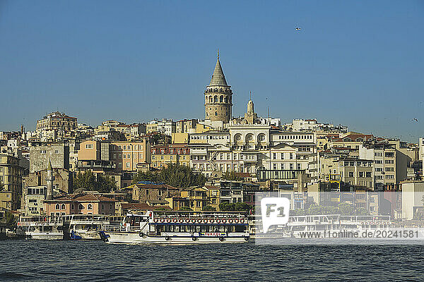 View of Galata Tower and Bosphorus from Eminonu in Istanbul; Istanbul  Turkey