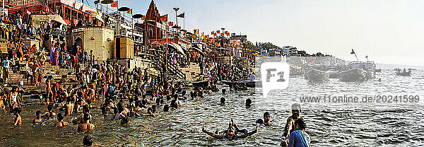 People bathing in the sacred Ganges River in Varanasi; Varanasi  Uttar Pradesh  India