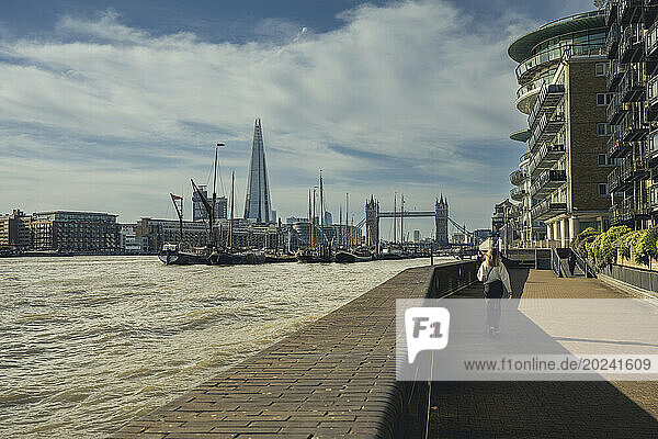 View of Tower Bridge and The Shard from the Thames Path in London  UK; London  England