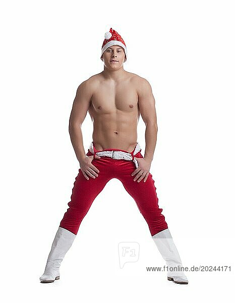 Full Length Portrait Striptease Tänzerin in Weihnachten Kostüm undress. vor weißem Hintergrund